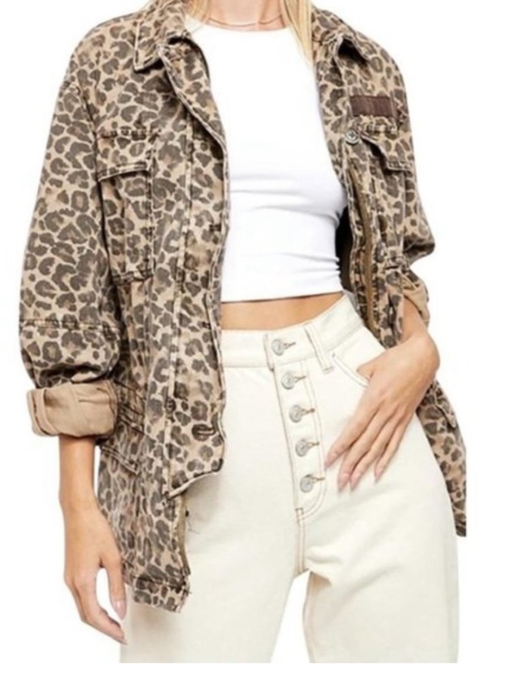 Free People Leopard Print Button-Up Jacket - Brown/Beige Sz S Drawstring Boho - Picture 3 of 12